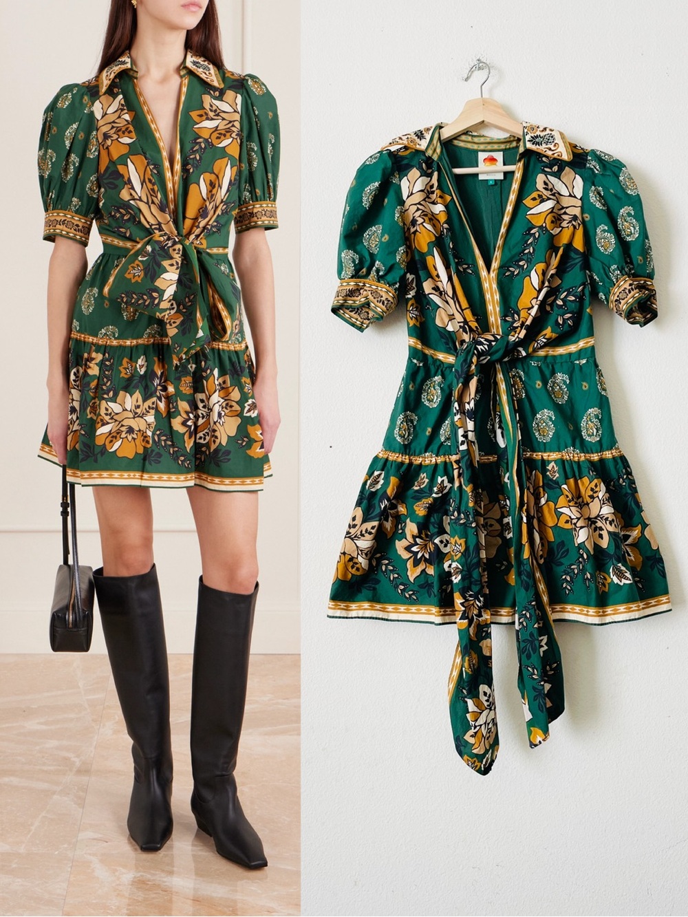 FARM Rio Green Floral Tie-Waist Mini Dress